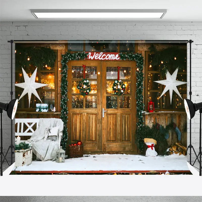 Welcome Wooden Door Store Snowy Christmas Backdrop - Aperturee