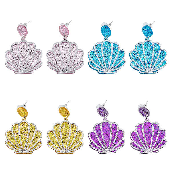 4 Pairs 4 Colors Sparkling Resin Shell Shape Dangle Stud Earrings for Women