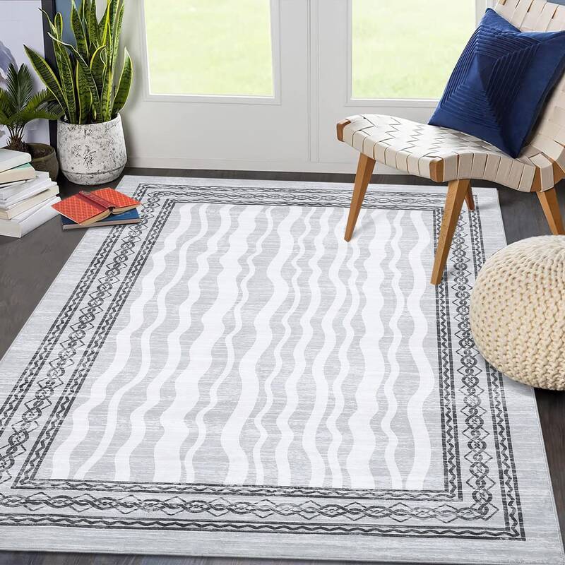 Garvee 10x13 Area Rug Modern Bordered Print, Machine Washable, Non-Slip TPR Backing, Faux Wool, Low Pile, Stain Resistant, Li...