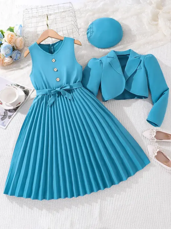 Two-piece Set Girl's Solid Color Blazer & Button Front Pleated Dress & Hat Set, Elegant Lapel Neck Long Sleeve Outerwear & Sl...