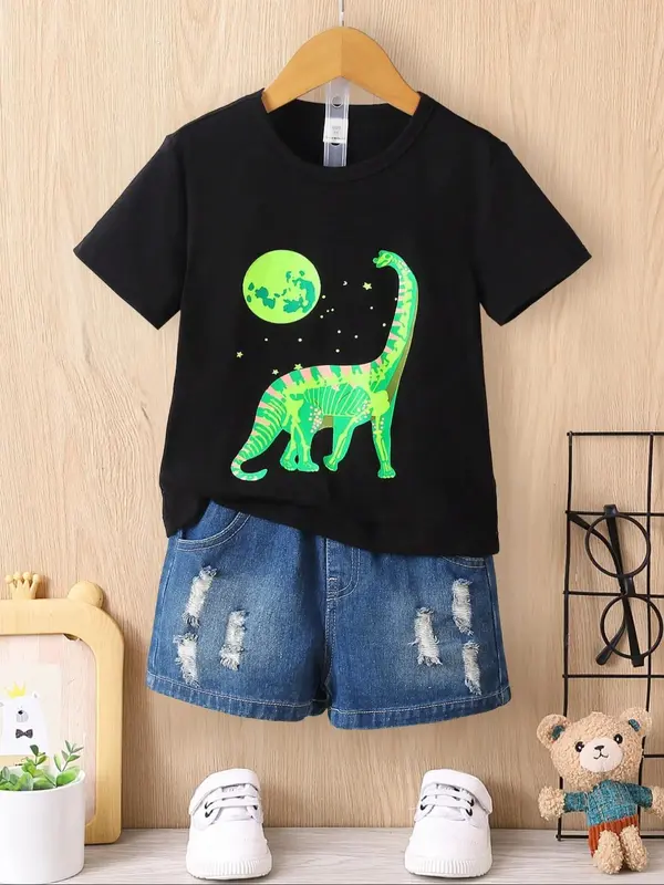Toddler Boy's Moon Dinosaur Print Round Neck Tee, Cute Short Sleeve T-shirt for Summer, Kids Clothes for Daily Wear, Going Ou...