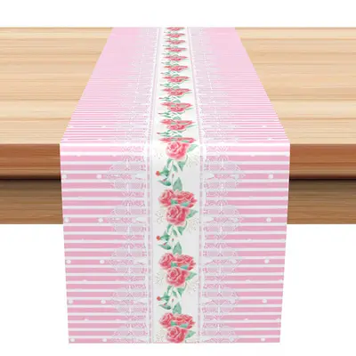 White Pink Stripe Floral Valentines Day Table Runner - Aperturee