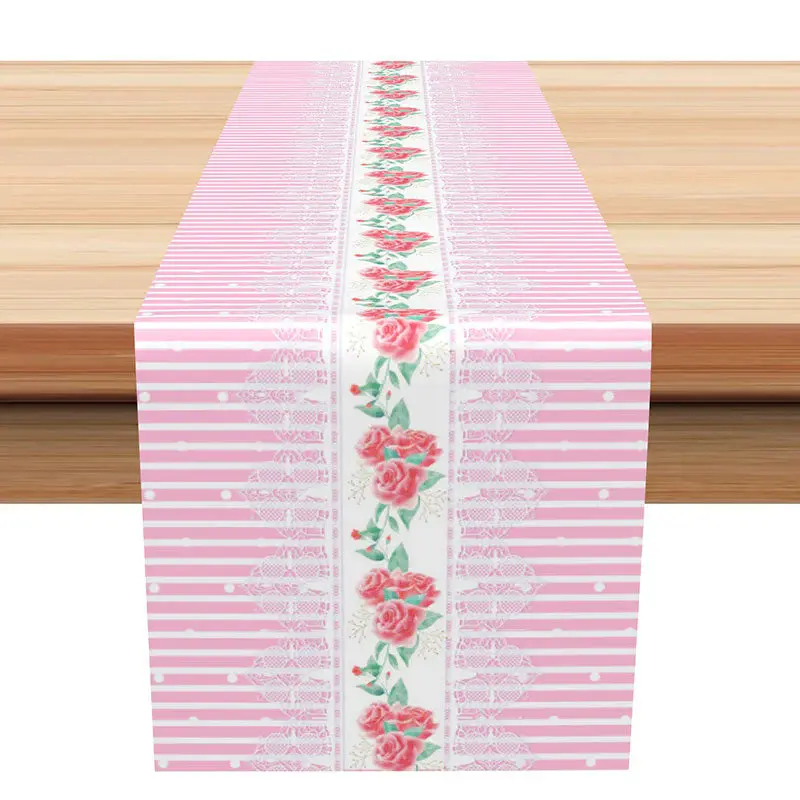 White Pink Stripe Floral Valentines Day Table Runner - Aperturee