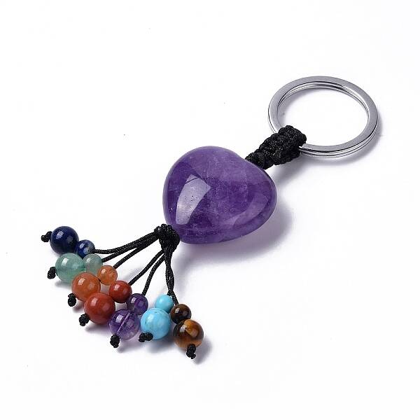 Natural Amethyst Heart with Mixed Gemstone Tassel Keychains