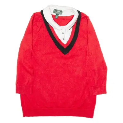 LAUREN RALPH LAUREN Collared Womens Jumper Red V-Neck Tight Knit 3/4 Sleeve XL