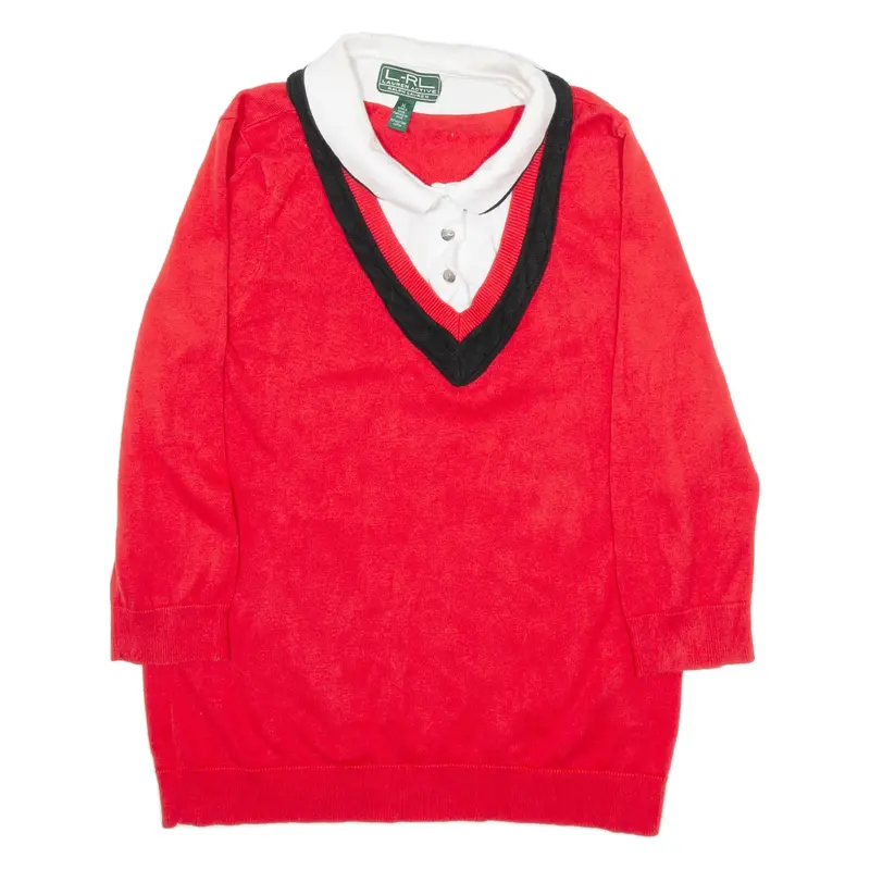 LAUREN RALPH LAUREN Collared Womens Jumper Red V-Neck Tight Knit 3/4 Sleeve XL