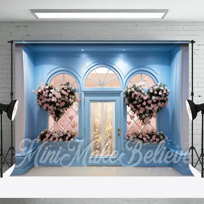 Pink Heart Shaped Blue Shop Wall Floral Backdrop - Aperturee