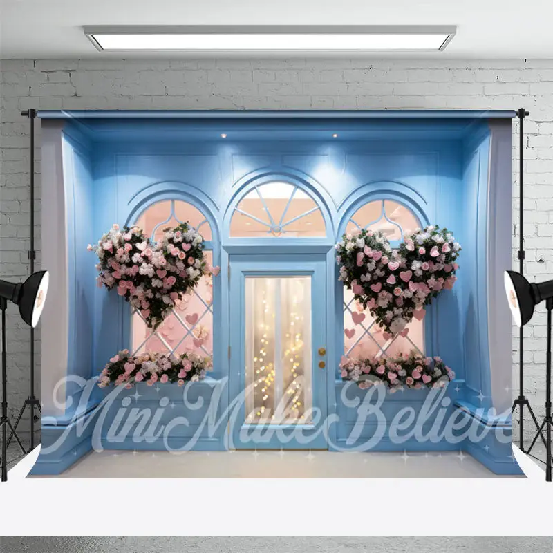 Pink Heart Shaped Blue Shop Wall Floral Backdrop - Aperturee