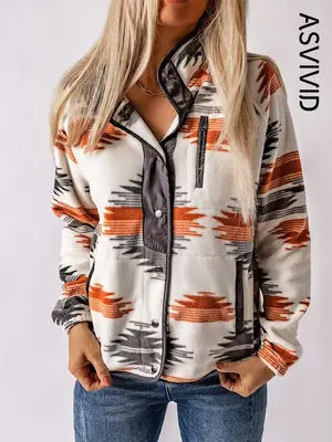 Women's Ethnic Pattern Button Front Pocket Jacket, Western Style Raglan Sleeve Stand Collar Zipper Outerwear, Ladies Clothes ...