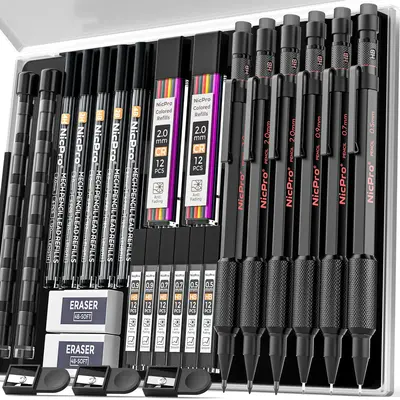 Nicpro 6 Pack Art Mechanical Pencils Set in Case, Metal Drafting Pencil 0.5, 0.7, 0.9 mm & 2mm with 13 Tube Lead Refills(4B 2...