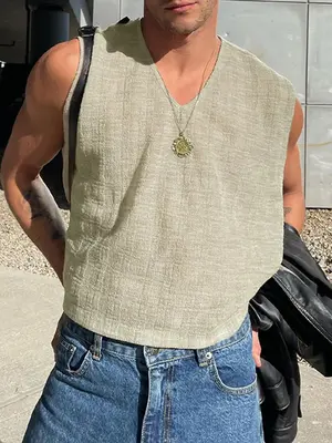 INCERUN Mens Summer V-Neck Sleeveless Loose Tank Tops Casual Solid Tee Shirt