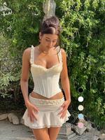 Women's Plain Ruched Tie Back Frill Trim Backless Crop Cami Top, Solid Chic Sweetheart Neck Sleeveless Corset Cami Top for Su...