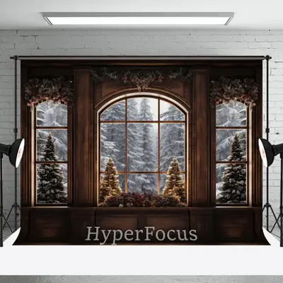 Brown Window Snowy Forest Scene Christmas Backdrop - Aperturee