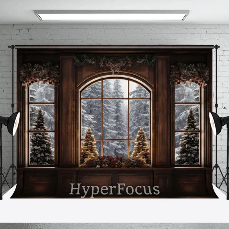 Brown Window Snowy Forest Scene Christmas Backdrop - Aperturee