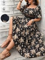 【Plus Size】 Floral Print Contrast Lace Shirred Tie Front A Line Dress, Boho Fashion Square Neck Half Sleeve Dress for Dai...