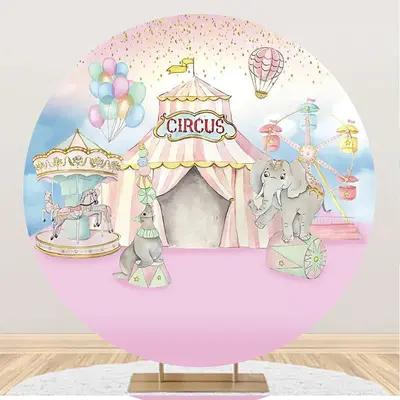 Pink Blue Elepants Carousel Circus Round Backdrop - Aperturee