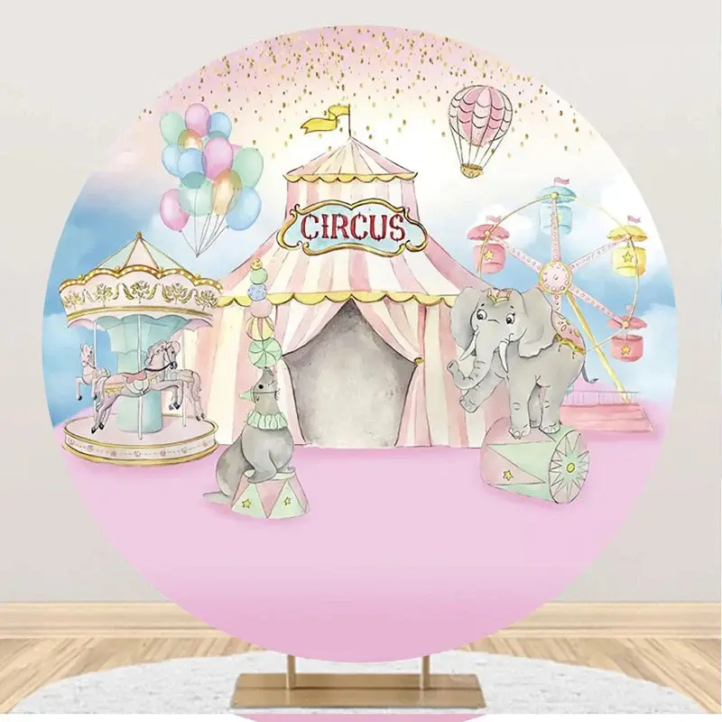 Pink Blue Elepants Carousel Circus Round Backdrop - Aperturee