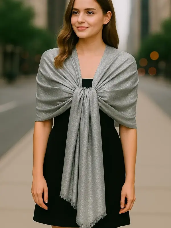 Reversible Solid & Silver Metallic Shimmer Shimmery Shawl Scarf - Versatile Design, Soft Knit Blend, Multi-Functional for Tra...