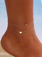 Women's Love Heart Decorated Double Layered Chains Anklet, Simple Heart Shaped Holiday Beach Style Multilayer Anklet, Fashion...