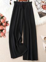 【Plus Size】 Solid Knot Front Elastic Waist Wide Leg Pants, Basic Casual Comfort Loose Trousers for Lady Daily Wear, Women...