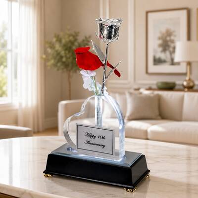 Illuminated 8 Silver Rose and Cardinal in Custom Heart Vase
