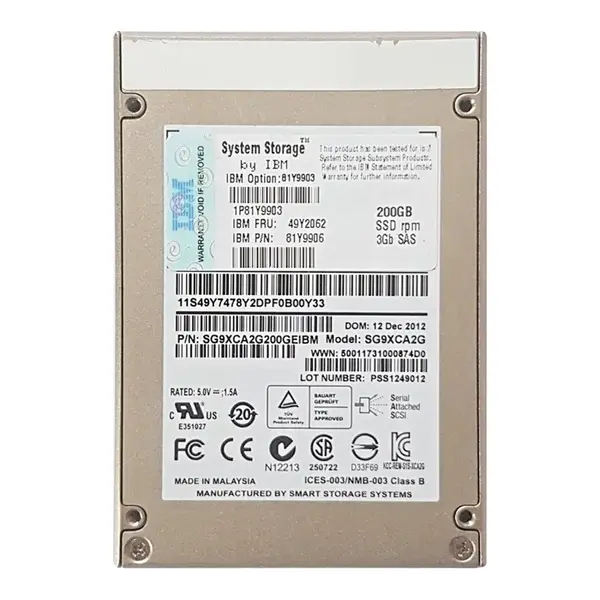 81Y9906 IBM 200GB SAS 6Gb/s Hot Swappable 2.5-Inch Solid State Drive for DS3524