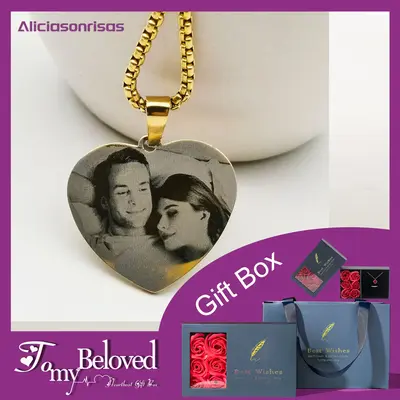 (Send Photo and Text To us By Message)  Personalized Gift Heart-Shaped Lettering Custom Pendant Laser Stainless Steel Necklac...