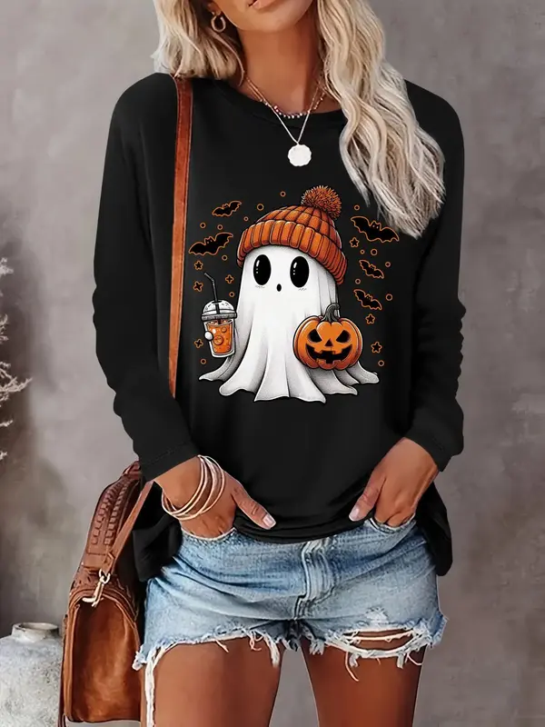 Women's Halloween Themed Ghost Print Round Neck Sweatshirt, Casual Long Sleeve Crew Neck Pullover for Daily Wear, Women Clo...