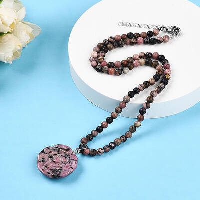 Natural Rhodonite 4.5mm Round Beaded Flower Pendant Necklaces