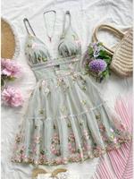 【Plus Size】 Floral Embroidery Cami Dress, Cute Casual Sleeveless Spaghetti Strap A Line Short Dress for Holiday Vacation ...