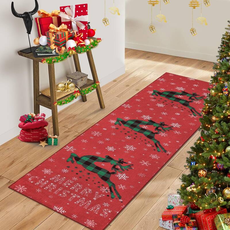 Garvee Christmas Rug Snow Reindeer Area Rug Soft Low Pile Washable Non-Slip Red 2x10Ft Living Room Decor