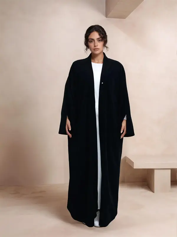 Women's Solid Button Long Sleeve Abaya Coat, Casual Corduroy Open Front Longline Outerwear for Fall & Winter, Women's Islamic...