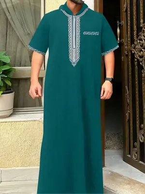 Men's Moroccan Style Embroidered Hooded Long Robe, Zipper Design Islamic Prayer Gown, Perfect Ramadan Gift for Muslim Men