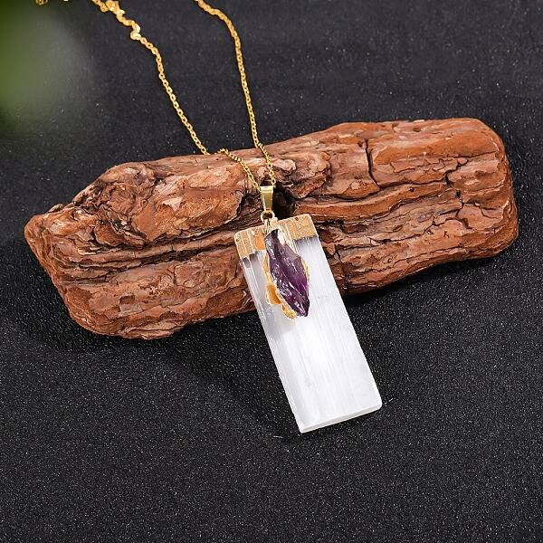 Natural Amethyst & Selenite Rectangle Pendant Necklaces