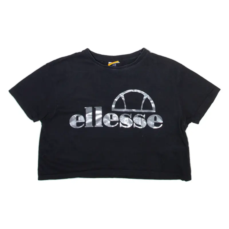 ELLESSE Cropped Womens T-Shirt Black Crew Neck UK 10