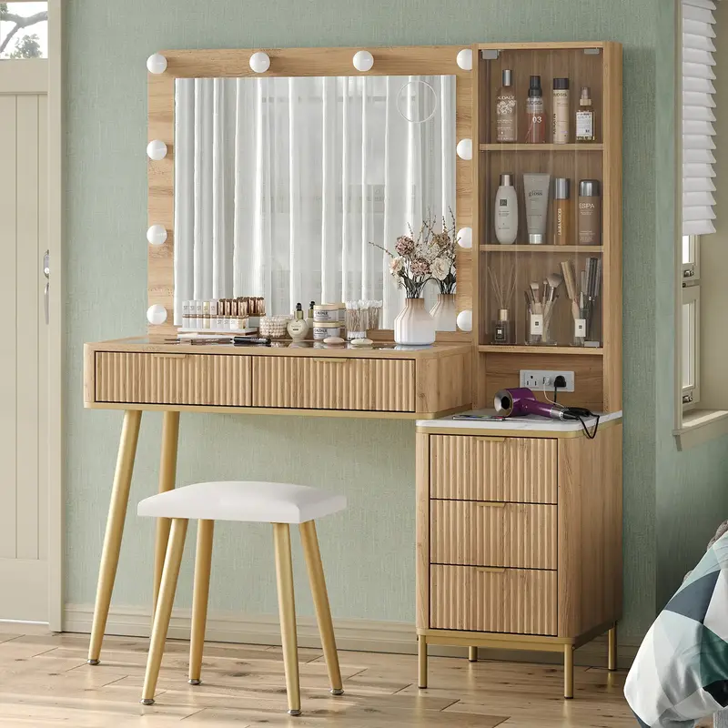 FUSOU 47“W Fluted Vanity Desk with Mirror and Lights, 5 Drawers Makeup Vanity with Power Outlet, 3 Lighting Modes, Brightne...