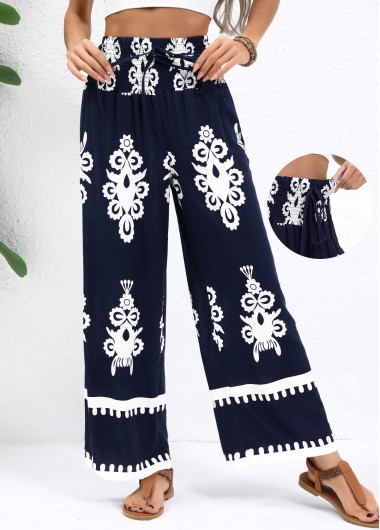 Modlily Navy Tribal Print Straight Leg Elastic Waist Pants - S