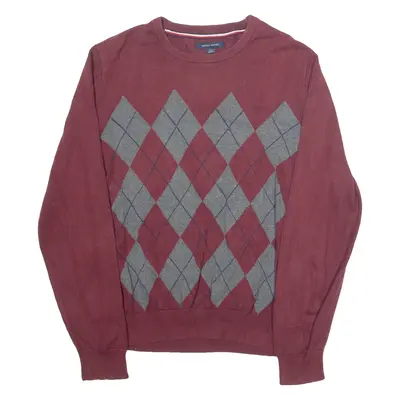 TOMMY HILFIGER Mens Patterned Jumper Maroon Argyle Tight Knit L
