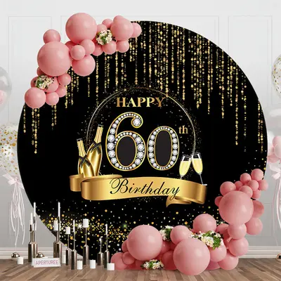 Black Gold Wine Glass Round 60th Birthday Backdrop