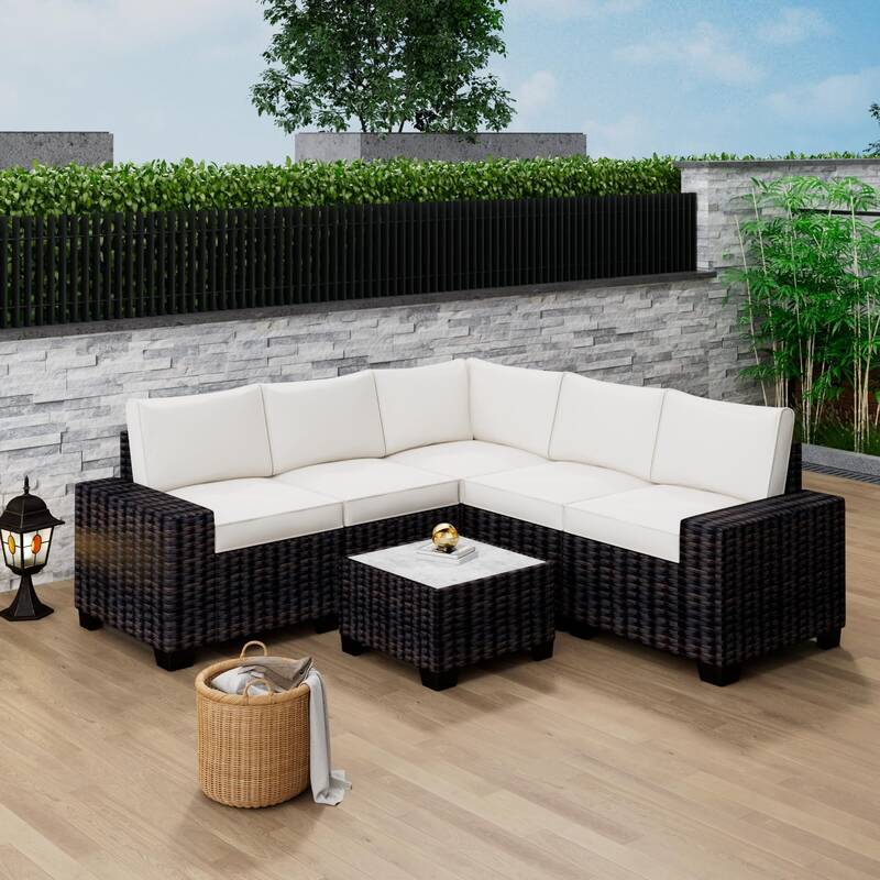Garvee 6-Piece Outdoor Patio Sectional Sofa Set – All-Weather PE Rattan Wicker Conversation Furniture with Coffee Table –...