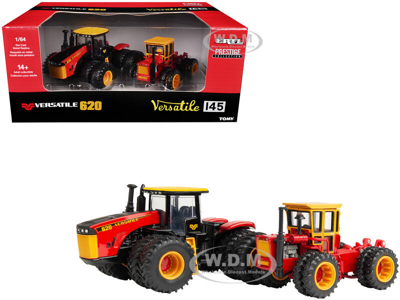 Versatile 620 Tractor Black and Red with Yellow Top and Versatile 145 Tractor Red with Yellow Cabin Set of 2 Tractors Prestig...