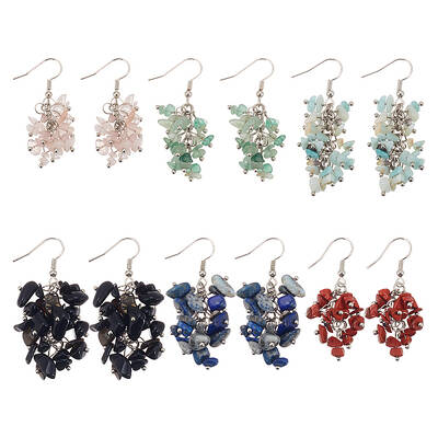 6 Pairs 6 Styles Natural Mixed Gemstone Chips Cluster Earrings