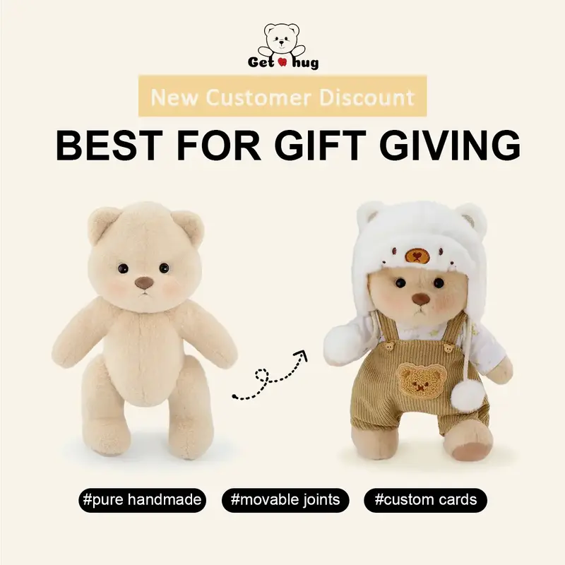 Getahug White Mink Hat Brown Overalls Bear | Handmade Jointed Teddy Bear Gift, stuffed animals ,plush, mothersdaygift, mother...