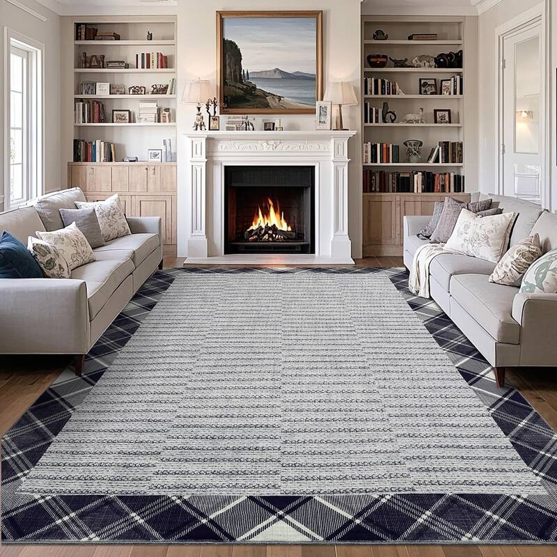 Garvee Washable 9x12 Area Rug Modern Plaid Border Non-Slip Stain Resistant 100% Polyester Kid & Pet Friendly Living Room Bedr...