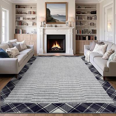 Garvee Washable 9x12 Area Rug Modern Plaid Border Non-Slip Stain Resistant 100% Polyester Kid & Pet Friendly Living Room Bedr...