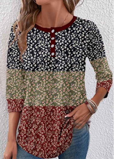 Modlily Multi Color Button Ditsy Floral Print T Shirt - XXL