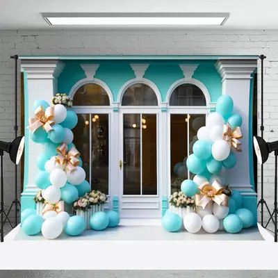 Tiffany Blue Arch Window Balloons Birthday Backdrop - Aperturee