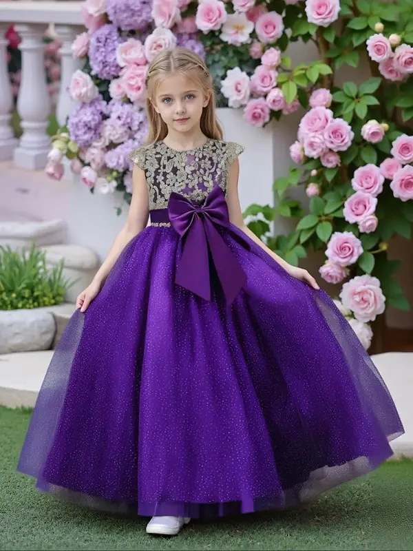 Girl's Floral Pattern Contrast Mesh Big Bow Decor Tulle Dress, Elegant Zipper Back Cap Sleeve A Line Long Dress for Party Per...