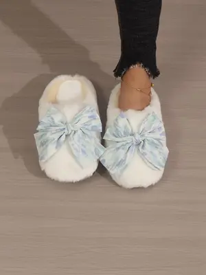 Women's Bow Decorated Plush Slippers, Footwear, Girls Shoes, Cute Bowknot Design Bedroom Slippers, Tie Dye Slippers, Fuzzy Sl...