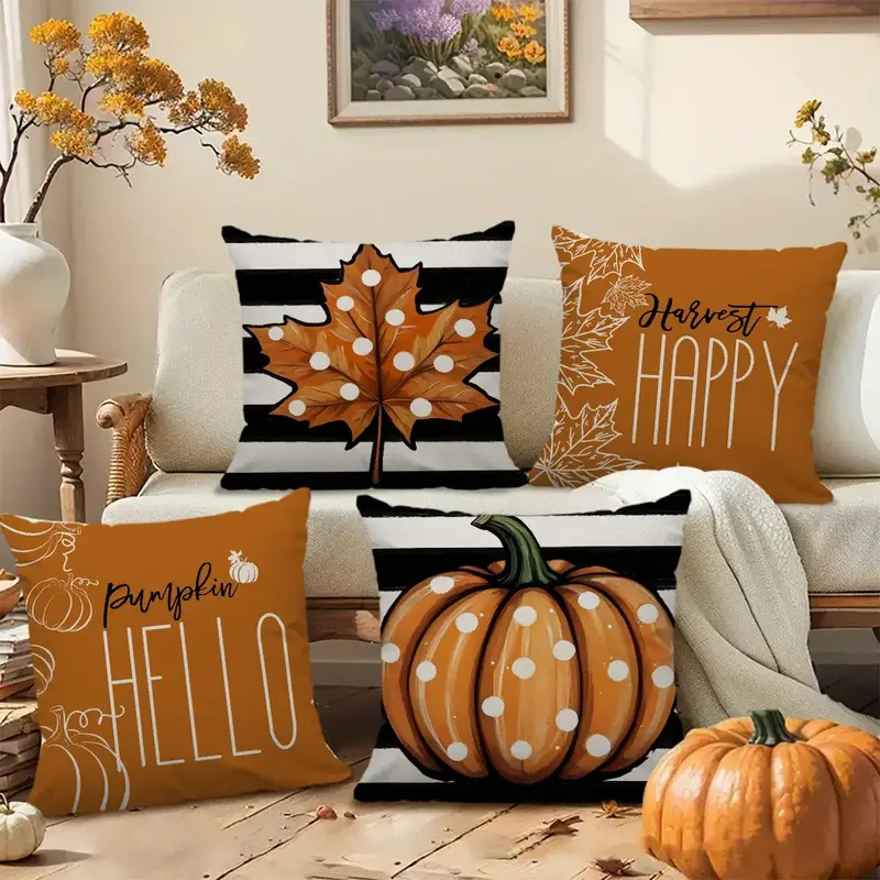 4-Piece Autumn Harvest Farmhouse Pillowcase Set 18x18 Inches, Fall Decor with Maple Leaves and Pumpkins, Thanksgiving Living ...